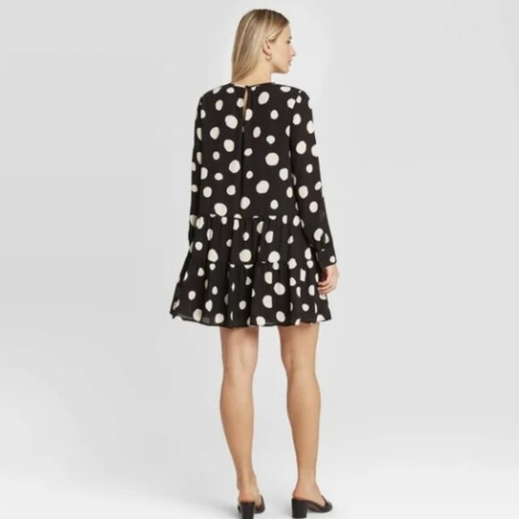 Who‎ What Wear Macro Painted Dot Dress Black Off-White Sheer Sleeves NWT 1X! - Picture 3 of 4